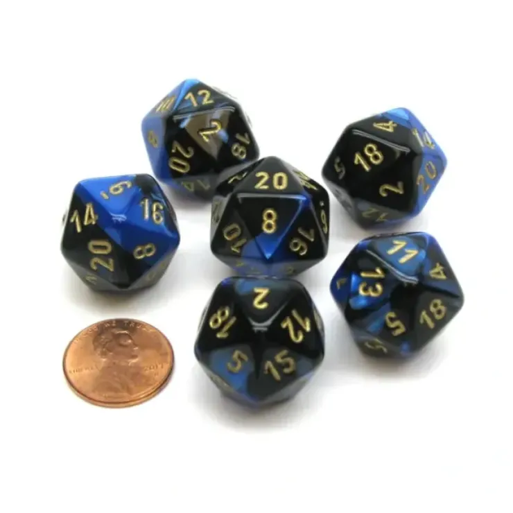 Dice>Gemini 20 Sided D20 Chessex Dice, 6 Pieces - Black-Blue with Gold Numbers - Your Source for Gaming Essentials