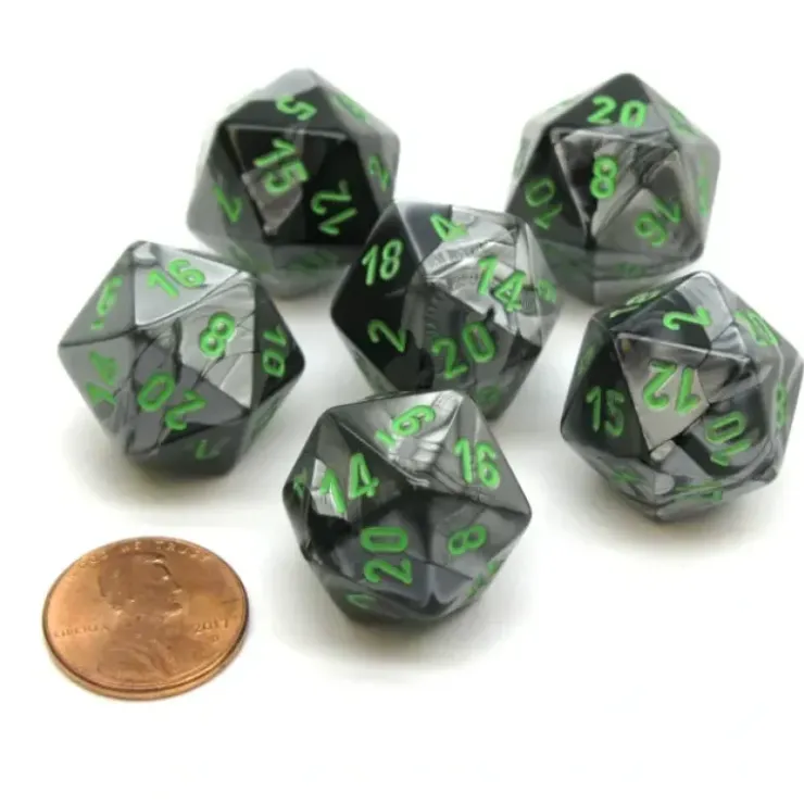 Dice>Gemini 20 Sided D20 Chessex Dice, 6 Pieces - Black-Grey with Green Numbers - Your Source for Gaming Essentials