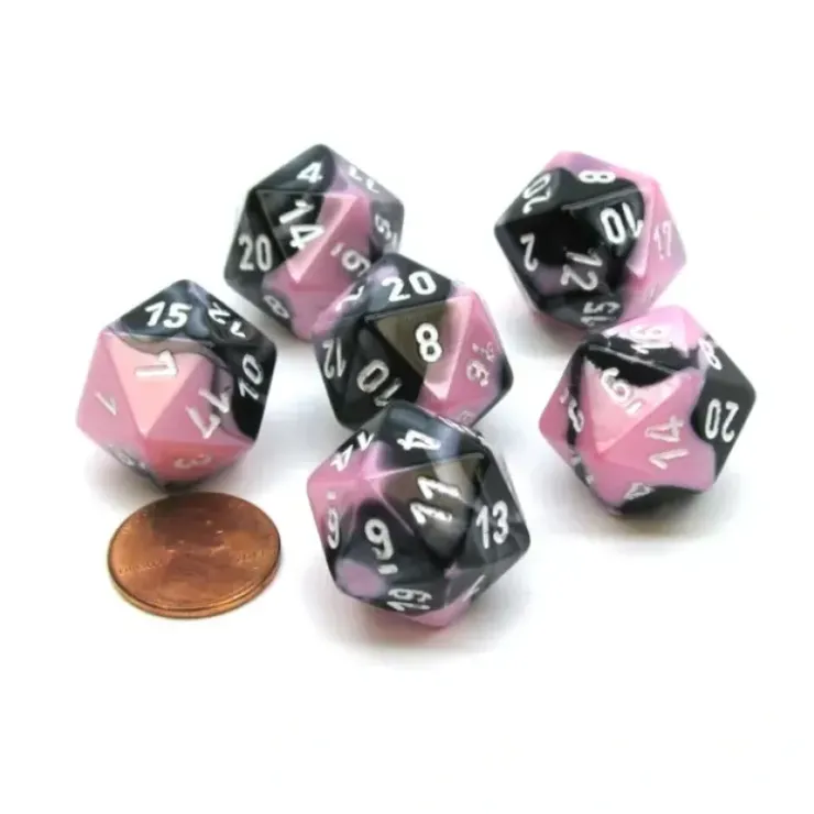 Dice>Gemini 20 Sided D20 Chessex Dice, 6 Pieces - Black-Pink with White Numbers - Your Source for Gaming Essentials