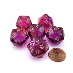 Dice>Gemini 20 Sided D20 Dice, 6 Pieces - Translucent Red-Violet with Gold Numbers - Your Source for Gaming Essentials