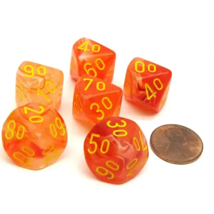 Dice>Ghostly 16mm Tens D10 (00-90) Dice, 6 Pieces - Orange with Yellow Numbers - Your Source for Gaming Essentials