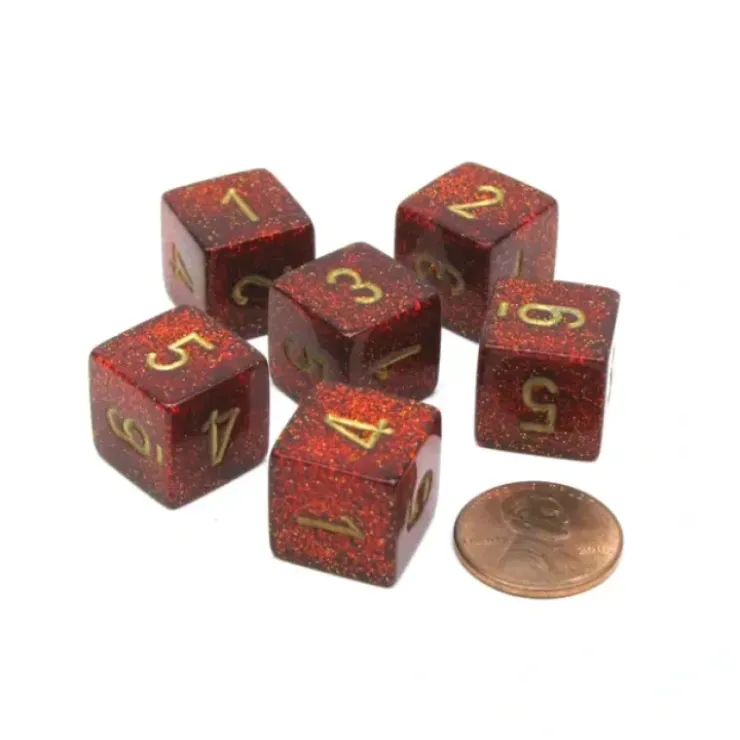 Dice>Glitter 15mm D6 Polyhedral Chessex Dice, 6 Pieces - Ruby with Gold Numbers - Your Source for Gaming Essentials