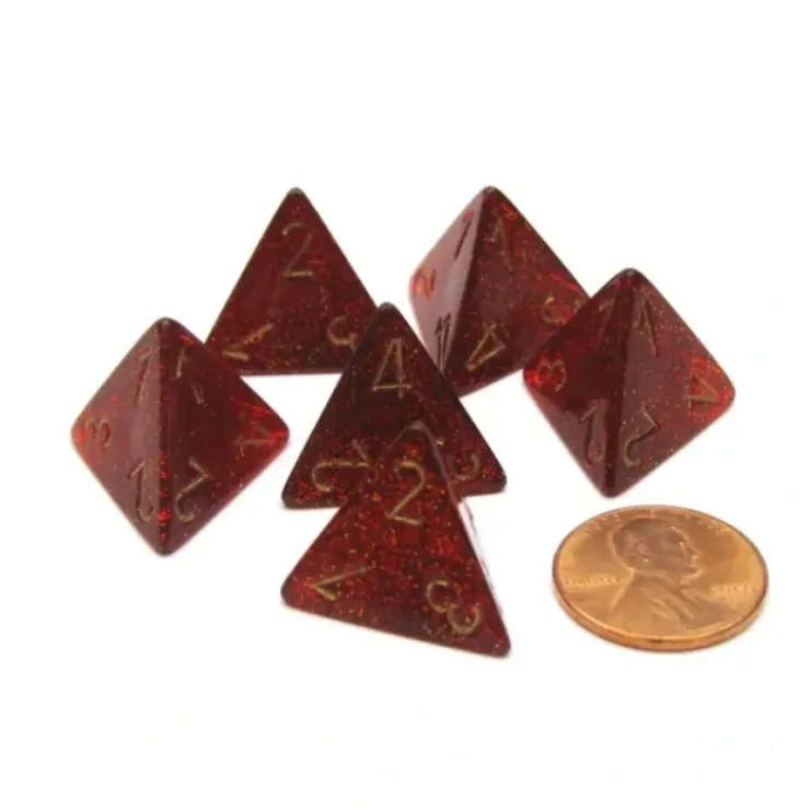 Dice>Glitter 18mm 4 Sided D4 Chessex Dice, 6 Pieces - Ruby with Gold - Your Source for Gaming Essentials