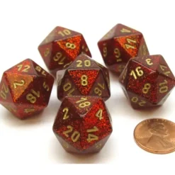 Dice>Glitter 20mm 20 Sided D20 Chessex Dice, 6 Pieces - Ruby with Gold Numbers - Your Source for Gaming Essentials