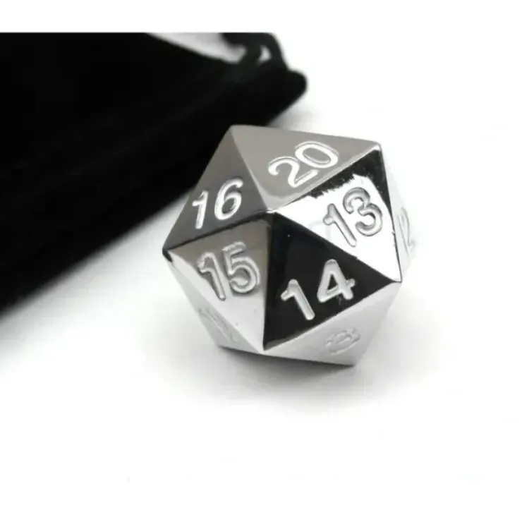 Dice>Large 22mm Zinc Metal Alloy Countdown D20 Dice w Black Bag, 1 Pc - White Numbers - Your Source for Gaming Essentials