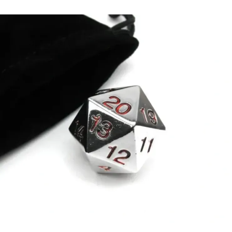 Dice>Large 22mm Zinc Metal Alloy Countdown D20 Dice with Black Pippd Bag- Red Numbers - Your Source for Gaming Essentials