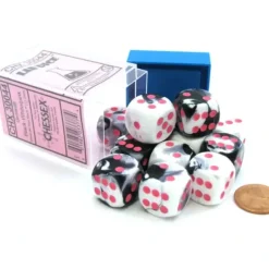 Dice>Limited Edition Gemini 16mm D6 Dice Block (12 Dice) - Black-White with Pink Pips - Your Source for Gaming Essentials