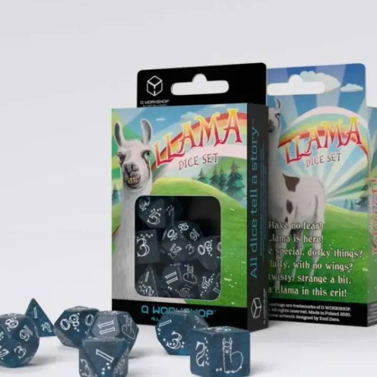 Dice>Llama 7 Piece Polyhedral RPG Dice Set - Shimmering, Glittering Dark Blue with White Numbers - Your Source for Gaming Essentials