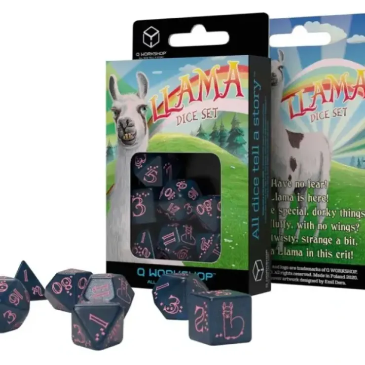 Dice>Llama 7 Piece Polyhedral RPG Dice Set - Sparkling, Glittering Dark Blue with Pink Numbers - Your Source for Gaming Essentials