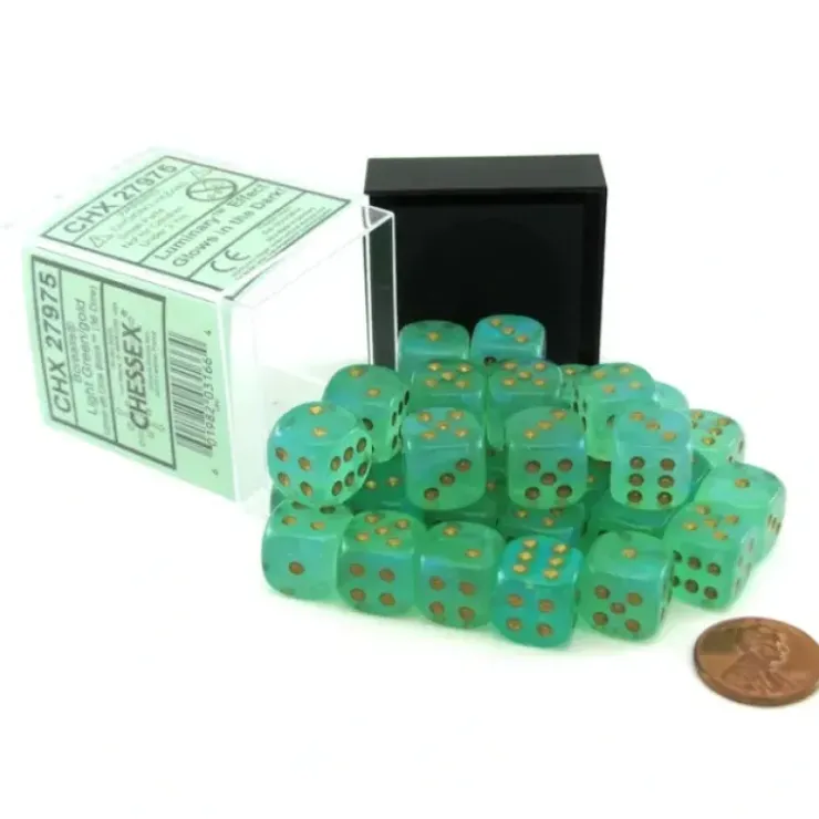 Dice>Luminary Borealis 12mm D6 Dice Block (36 Dice) - Light Green with Gold Pips - Your Source for Gaming Essentials