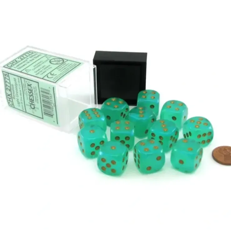 Dice>Luminary Borealis 16mm D6 Dice Block (12 Dice) - Light Green with Gold Pips - Your Source for Gaming Essentials