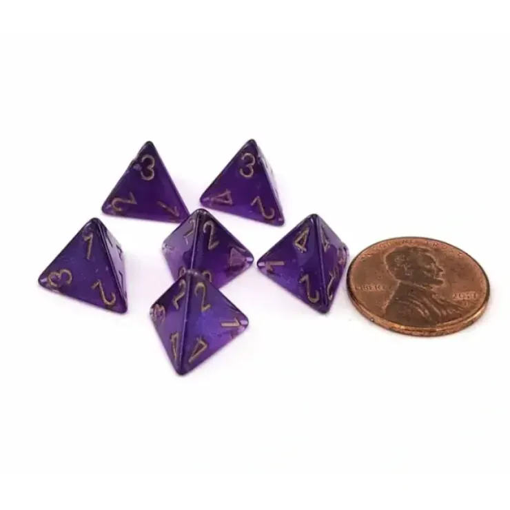 Dice>Luminary Borealis 12mm Mini 4 Sided D4 Dice, 6 Pieces - Royal Purple with Gold - Your Source for Gaming Essentials