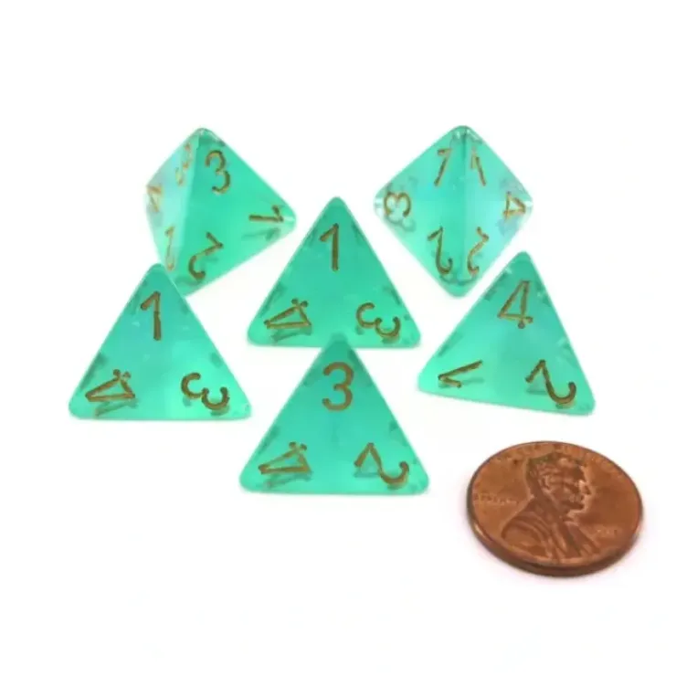 Dice>Luminary Borealis 18mm 4 Sided D4 Dice, 6 Pieces - Light Green with Gold Numbers - Your Source for Gaming Essentials
