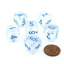 Dice>Luminary Borealis 15mm 6 Sided D6 Dice, 6 Piece - Icicle with Light Blue Numbers - Your Source for Gaming Essentials