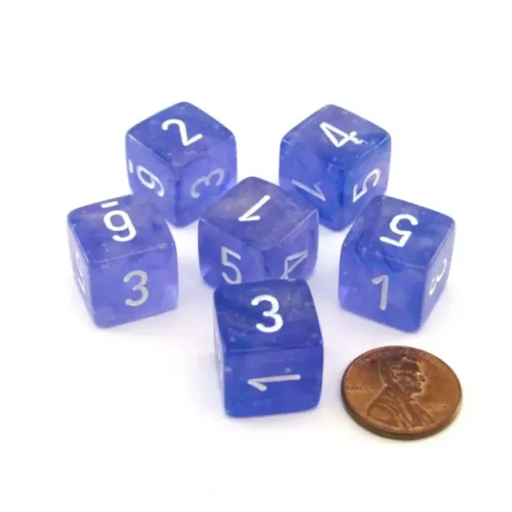 Dice>Luminary Borealis 15mm 6 Sided D6 Dice, 6 Pieces - Purple with White Numbers - Your Source for Gaming Essentials
