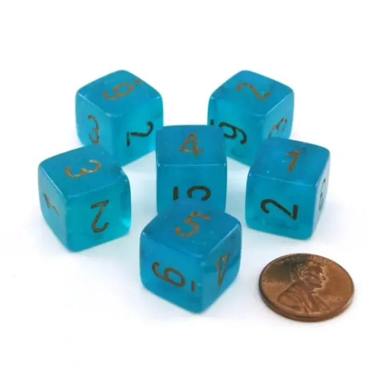 Dice>Luminary Borealis 15mm 6 Sided D6 Dice, 6 Pieces - Teal with Gold Numbers - Your Source for Gaming Essentials