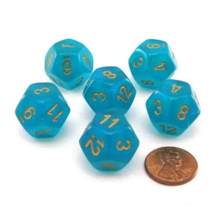 Dice>Luminary Borealis 18mm 12 Sided D12 Dice, 6 Pieces - Teal with Gold Numbers - Your Source for Gaming Essentials