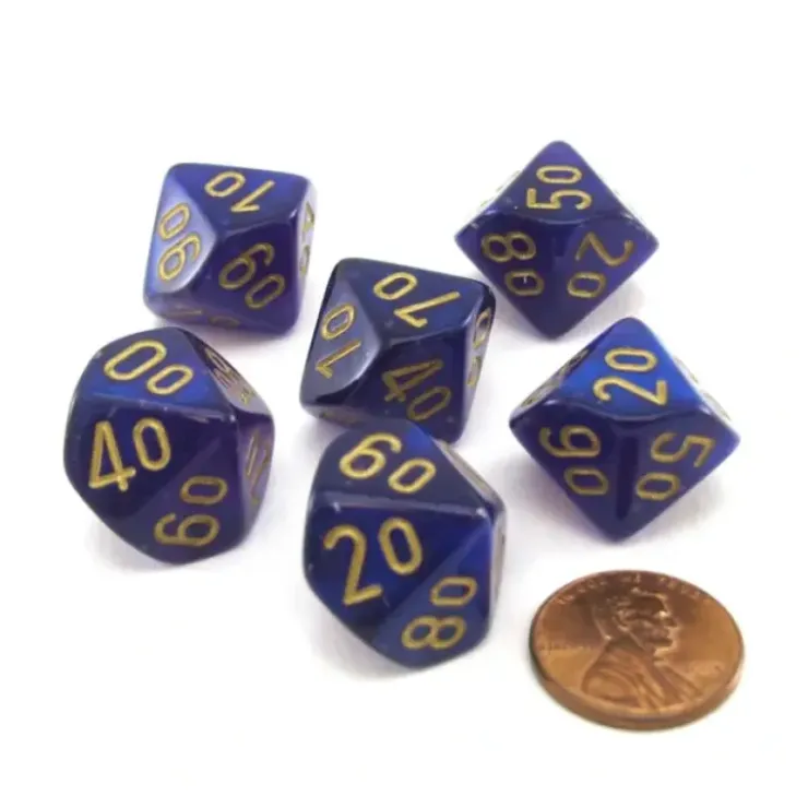 Dice>Luminary Borealis 16mm Tens D10 (00-90) Dice, 6 Pieces - Royal Purple with Gold - Your Source for Gaming Essentials