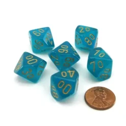 Dice>Luminary Borealis 16mm Tens D10 (00-90) Dice, 6 Pieces - Teal with Gold Numbers - Your Source for Gaming Essentials