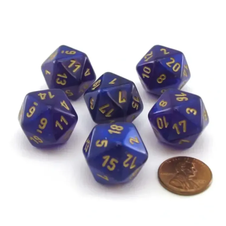 Dice>Luminary Borealis 20 Sided D20 Dice, 6 Pieces - Royal Purple with Gold Numbers - Your Source for Gaming Essentials