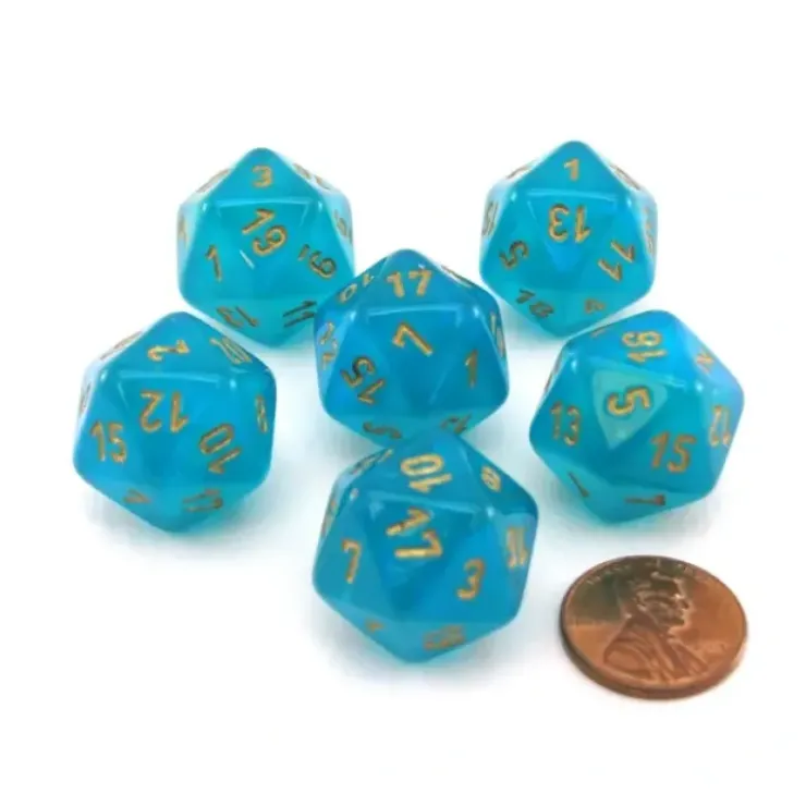 Dice>Luminary Borealis 20 Sided D20 Dice, 6 Pieces - Teal with Gold Numbers - Your Source for Gaming Essentials
