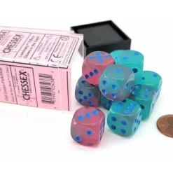 Dice>Luminary Gemini 16mm D6 Dice Block (12 Dice) - Gel Green-Pink with Blue Numbers - Your Source for Gaming Essentials