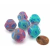Dice>Luminary Gemini 18mm D12 Dice, 6 Pieces - Gel Green-Pink with Blue Numbers - Your Source for Gaming Essentials