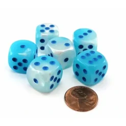 Dice>Luminary Gemini 16mm D6 Dice, 6 Pieces - Pearl Turquoise-White with Blue Numbers - Your Source for Gaming Essentials