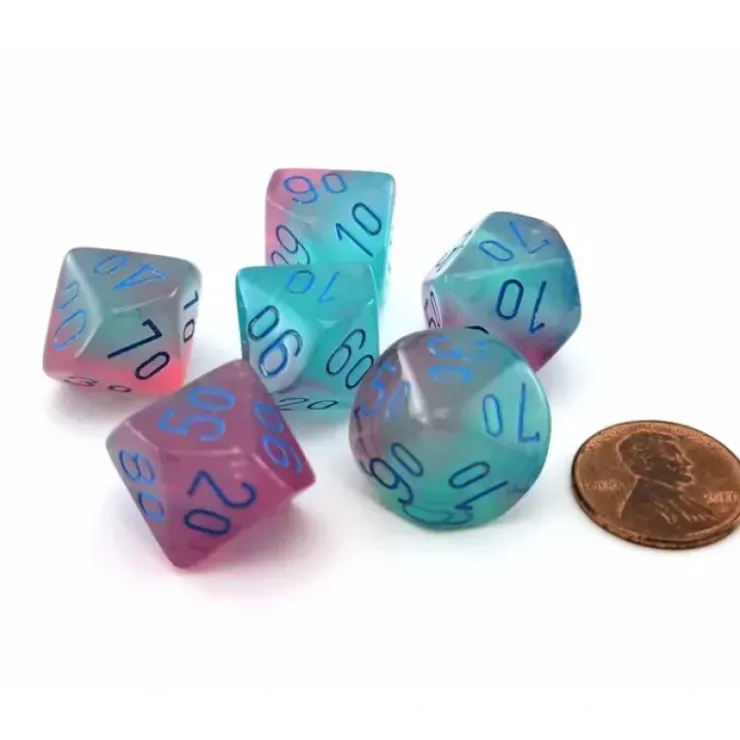 Dice>Luminary Gemini 16mm Tens D10 Dice, 6 Pieces - Gel Green-Pink with Blue - Your Source for Gaming Essentials