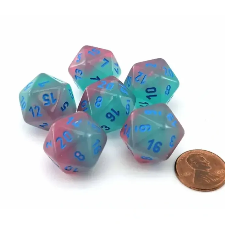 Dice>Luminary Gemini 20 Sided D20 Dice, 6 Pieces - Gel Green-Pink with Blue Numbers - Your Source for Gaming Essentials