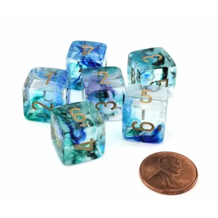 Dice>Luminary Nebula 15mm D6 Chessex Dice, 6 Pieces - Oceanic with Gold Numbers - Your Source for Gaming Essentials