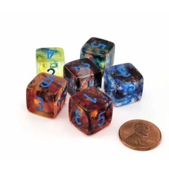 Dice>Luminary Nebula 15mm D6 Chessex Dice, 6 Pieces - Primary with Blue Numbers - Your Source for Gaming Essentials