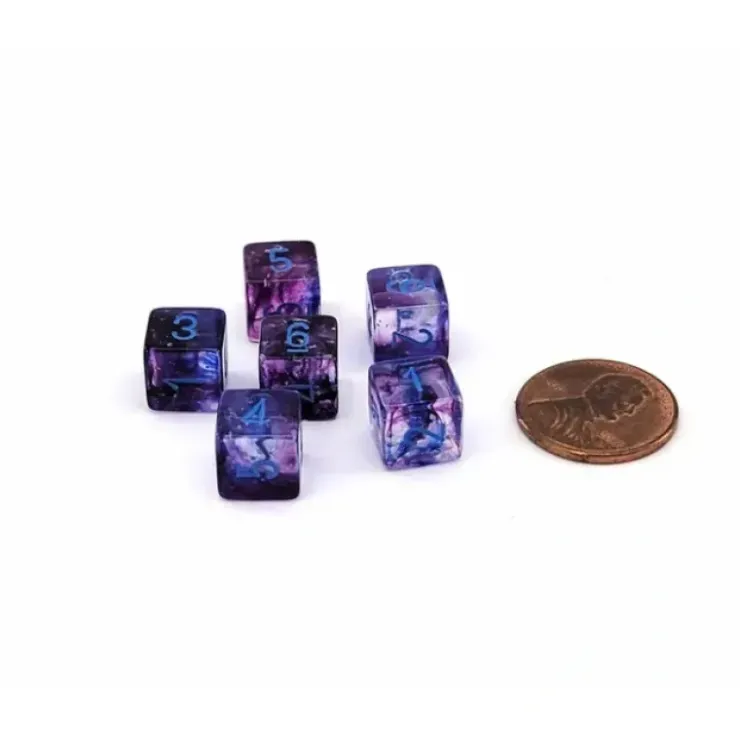 Dice>Luminary Nebula 9mm Mini 6 Sided D6 Dice, 6 Pieces - Nocturnal with Blue Numbers - Your Source for Gaming Essentials