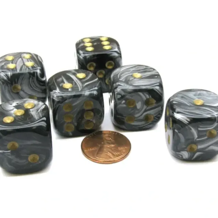 Dice>Lustrous 20mm Big D6 Chessex Dice, 6 Pieces - Black with Gold Pips - Your Source for Gaming Essentials
