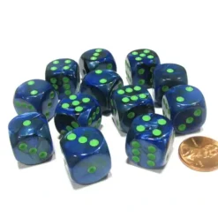 Dice>Lustrous 16mm D6 Chessex Dice Block (12 Dice) - Dark Blue with Green Pips - Your Source for Gaming Essentials