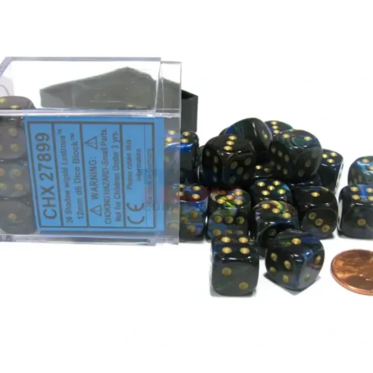 Dice>Lustrous 12mm D6 Chessex Dice Block (36 Dice) - Shadow with Gold Pips - Your Source for Gaming Essentials