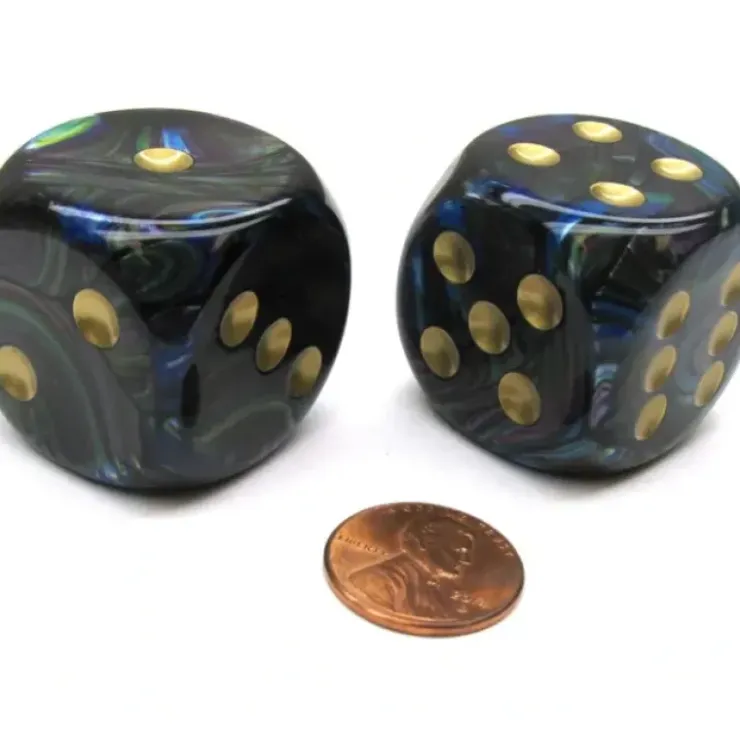 Dice>Lustrous 30mm Large D6 Chessex Dice, 2 Pieces - Shadow with Gold Pips - Your Source for Gaming Essentials