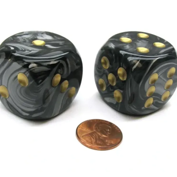 Dice>Lustrous 30mm Large D6 Chessex Dice, 2 Pieces - Black with Gold Pips - Your Source for Gaming Essentials