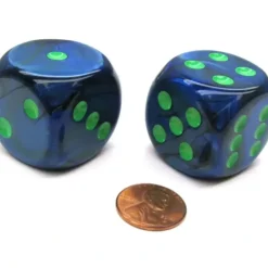Dice>Lustrous 30mm Large D6 Chessex Dice, 2 Pieces - Dark Blue with Green Pips - Your Source for Gaming Essentials