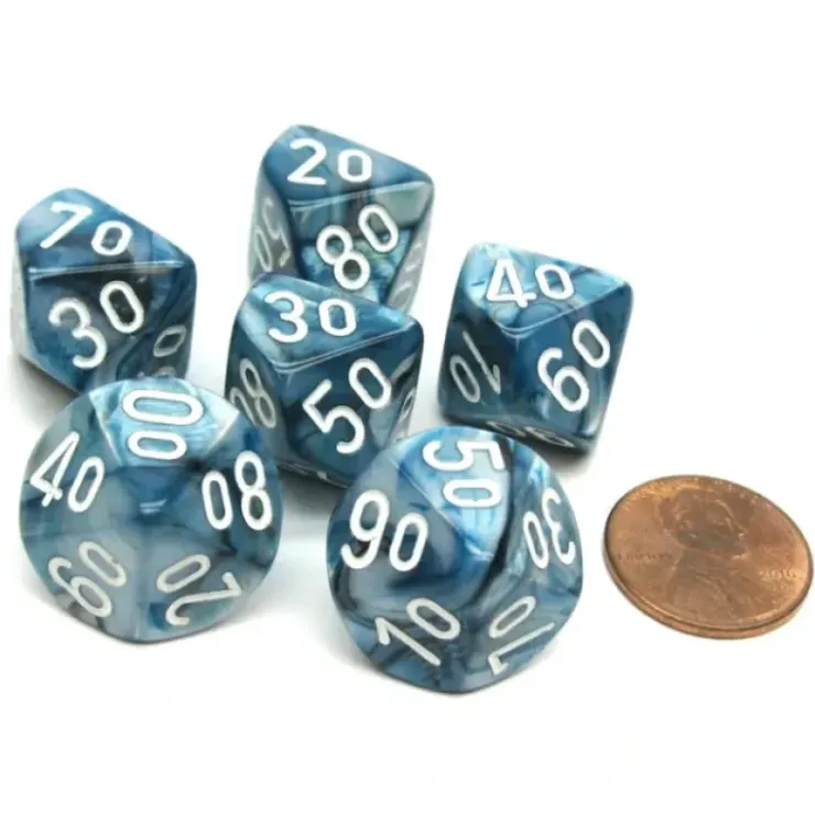 Dice>Lustrous 16mm Tens D10 (00-90) Chessex Dice, 6 Pieces - Slate with White Numbers - Your Source for Gaming Essentials