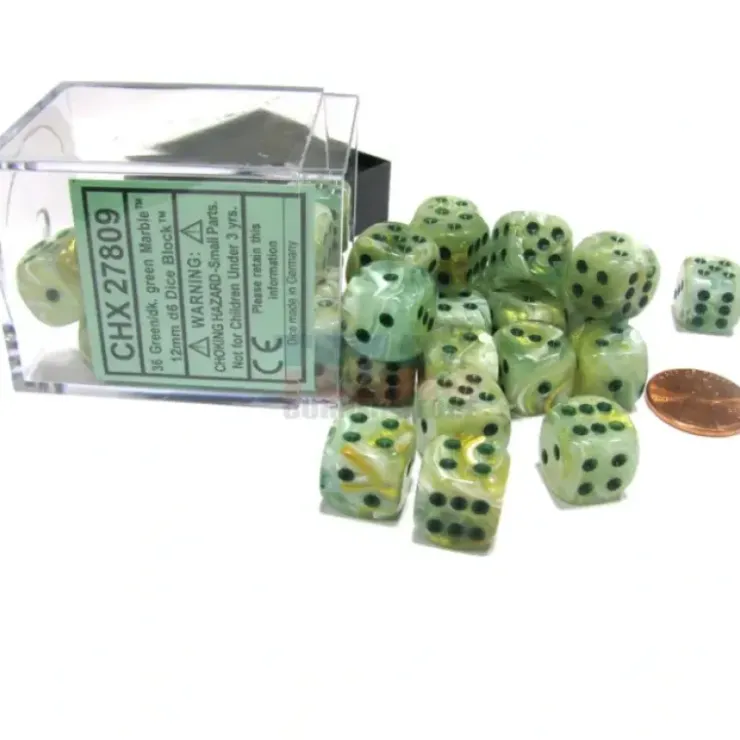 Dice>Marble 12mm D6 Chessex Dice Block (36 Dice) - Green with Dark Green Pips - Your Source for Gaming Essentials