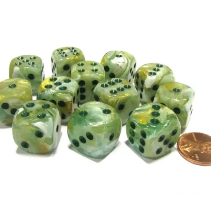 Dice>Marble 16mm D6 Chessex Dice Block (12 Dice) - Green with Dark Green Pips - Your Source for Gaming Essentials