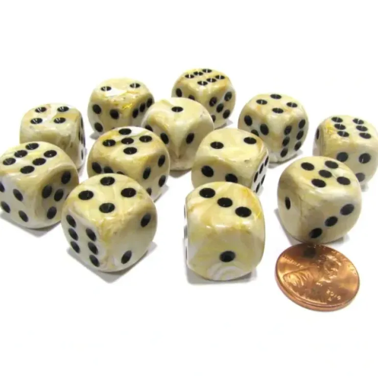 Dice>Marble 16mm D6 Chessex Dice Block (12 Dice) - Ivory with Black Pips - Your Source for Gaming Essentials