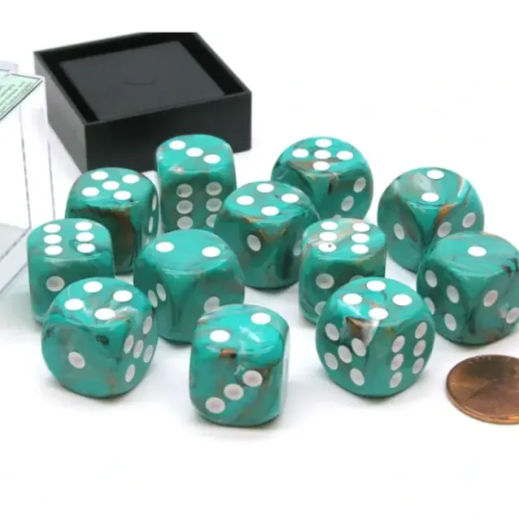 Dice>Marble 16mm D6 Chessex Dice Block (12 Die) - Oxi-Copper with White Pips - Your Source for Gaming Essentials