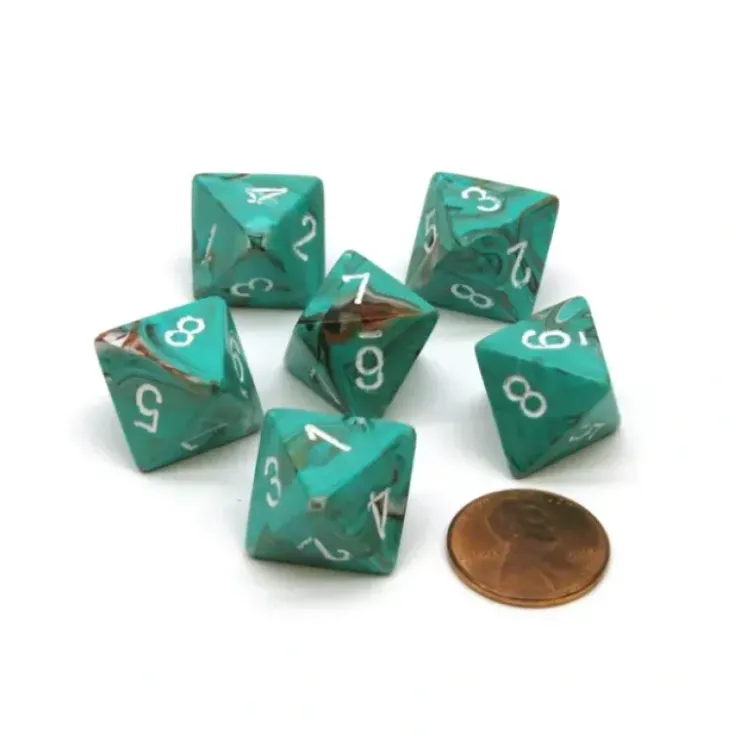 Dice>Marble 15mm 8 Sided D8 Chessex Dice, 6 Pieces - Oxi-Copper with White Numbers - Your Source for Gaming Essentials