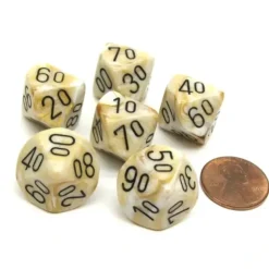 Dice>Marble 16mm Tens D10 (00-90) Chessex Dice, 6 Pieces - Ivory with Black Numbers - Your Source for Gaming Essentials