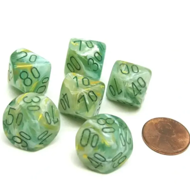 Dice>Marble 16mm Tens D10 (00-90) Dice, 6 Pieces - Green with Dark Green Numbers - Your Source for Gaming Essentials