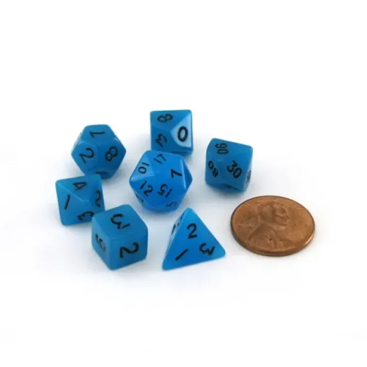 Dice>Mini 7-Die Polyhedral Dice Set - Glow Blue with Black Numbers - Your Source for Gaming Essentials