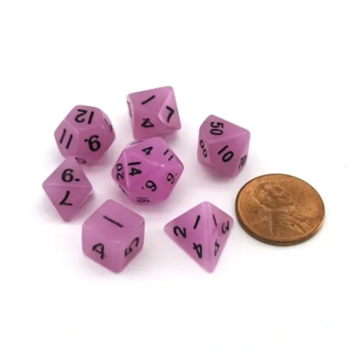 Dice>Mini 7-Die Polyhedral Dice Set - Glow Purple with Black Numbers - Your Source for Gaming Essentials
