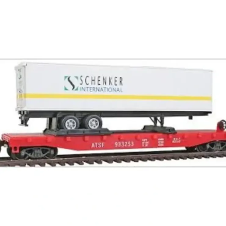 Model Power 98357 HO Santa Fe 50' Flatcar w/ 40' Schenker International Trailer - Your Source for Gaming Essentials* Trains